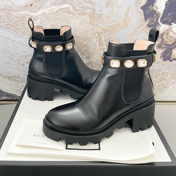 In Stores! Gucci Calfskin Crystal GG Trip Chelsea Ankle Boots - Picture 2 of 11